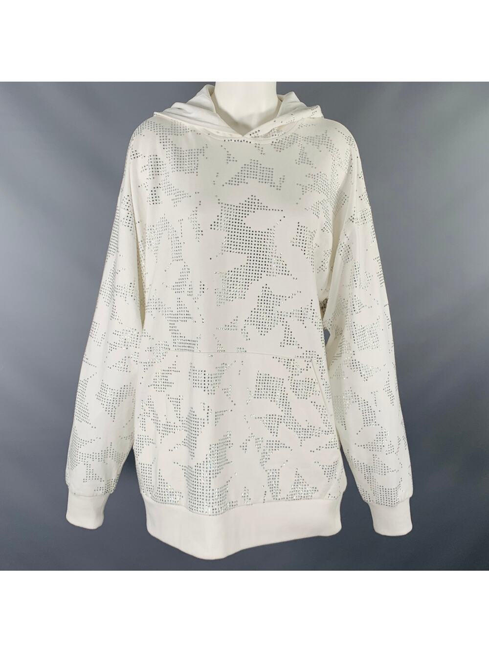 DAVID KOMA Size S White Silver Cotton Floral Rhinestone Hooded Sweater